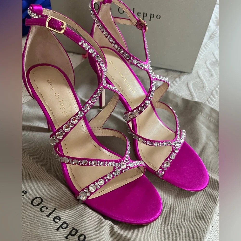 New! Dee Ocleppo designer Satin Magenta Pink Strappy Heels Rhinestones SZ 8 - Picture 7 of 16